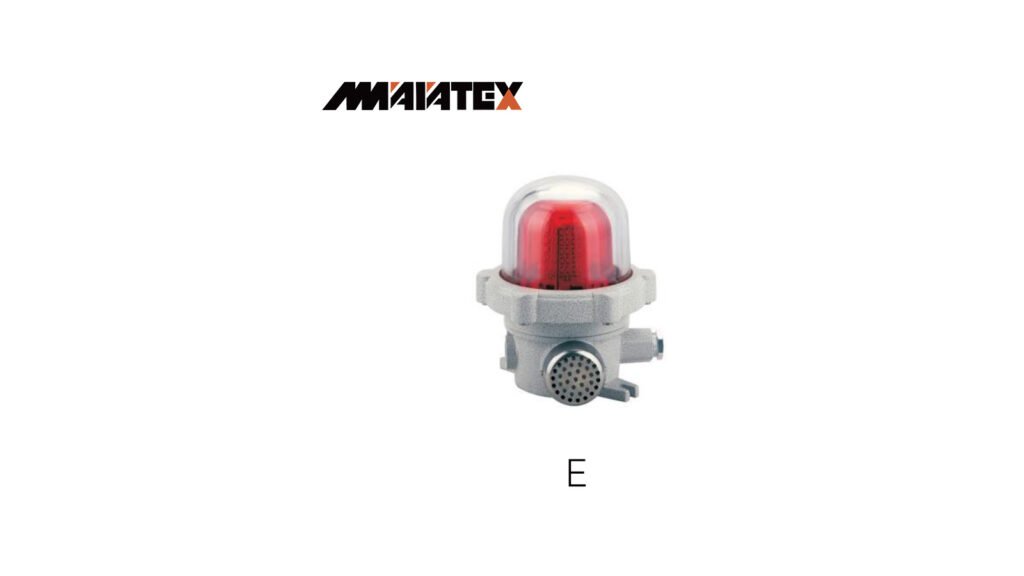 MMAIATEX: неэлектрическое оборудование, пыль и осмотры Серое каталожное изделие с красным колпаком под прозрачной оболочкой и круглой перфорированной передней частью; вверху логотип MMAIATEX.